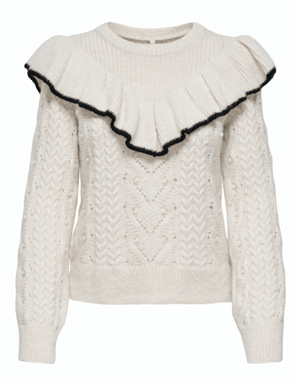 ONLISOLDE LS FRILL O-NECK KNT  BIRCH/W.BLACK