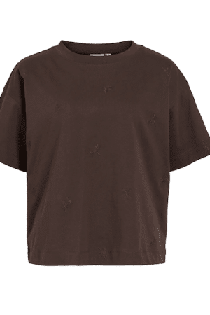 VIMONIE FLOWER EMB SS O-NECK COFFEE BEAN